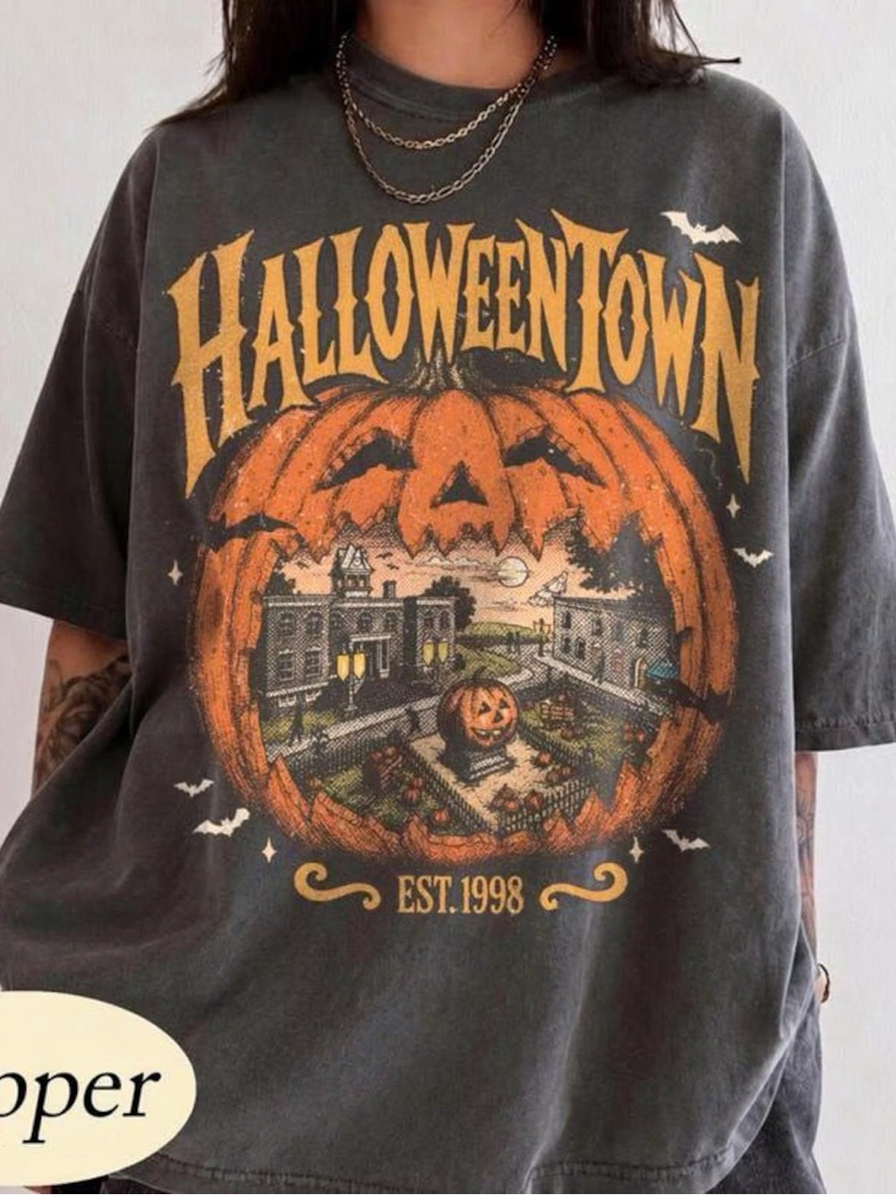 HalloweenTown Graphic Tee - Black with Orange Pumpkin Print